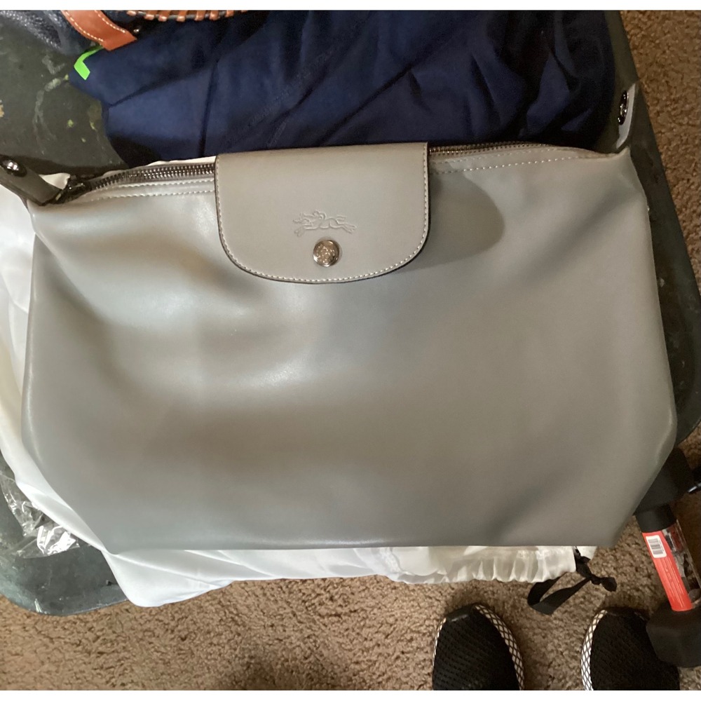Longchamp Le Pliage Cuir Grey Leather Crossbody Bag with Removable Strap
